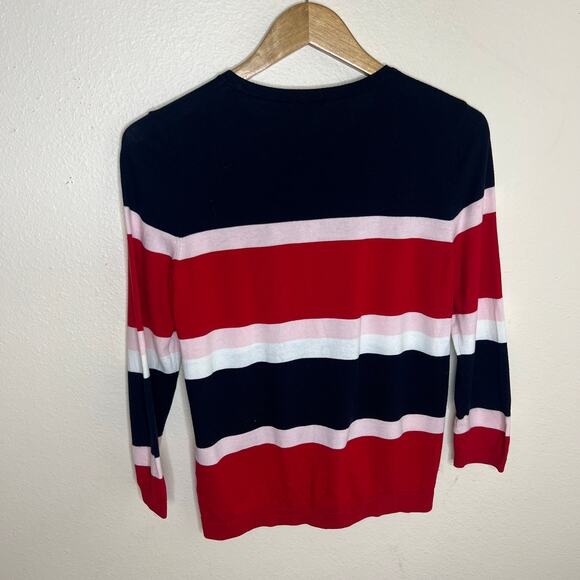 Talbots Red Navy Pink Stripe 3/4 Sleeve Cardigan Small - Picture 5 of 8